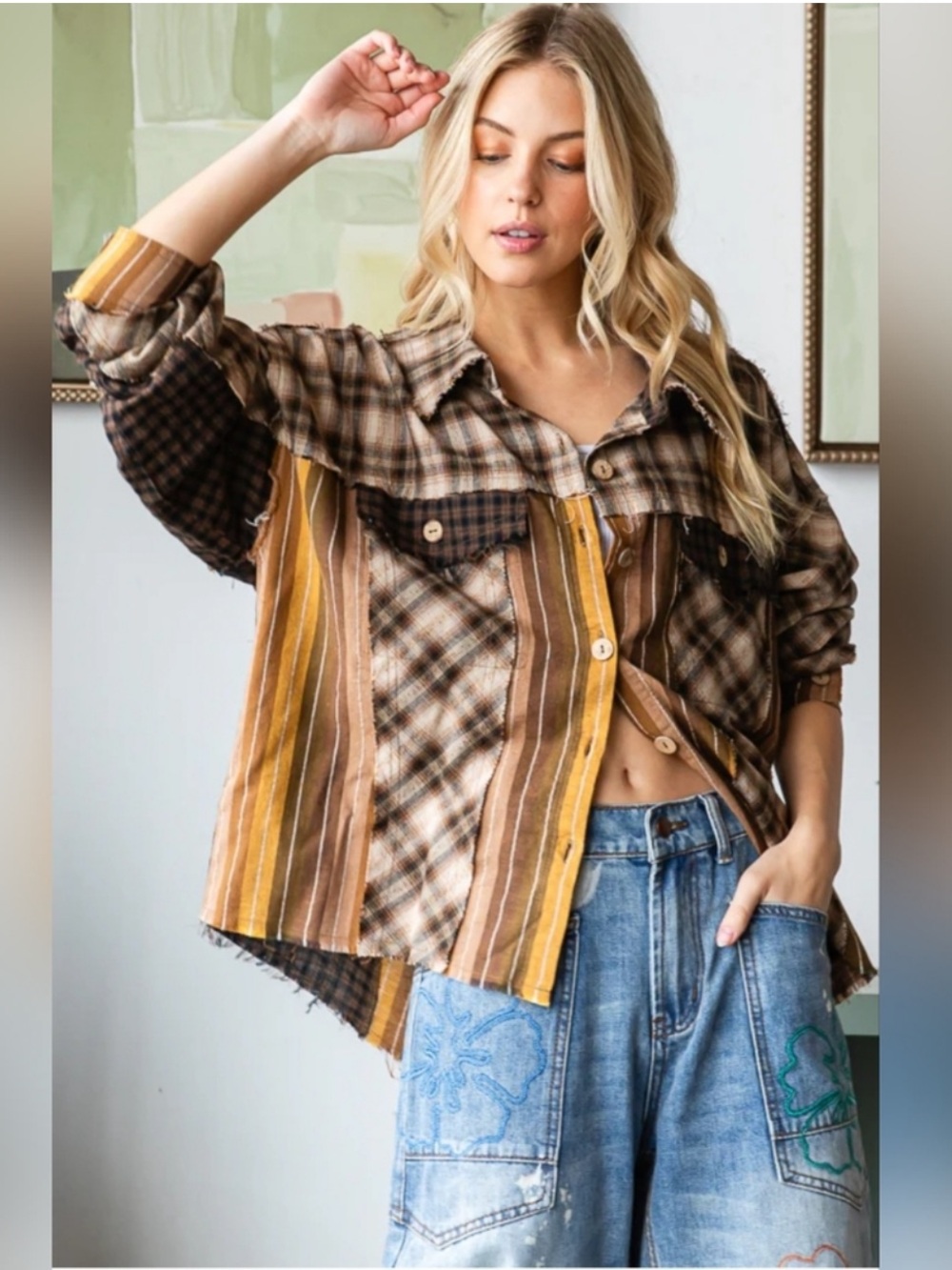 New: Oli & Hali “Fall Feels” Mixed Plaid Striped Patchwork Button Down Shirt• M